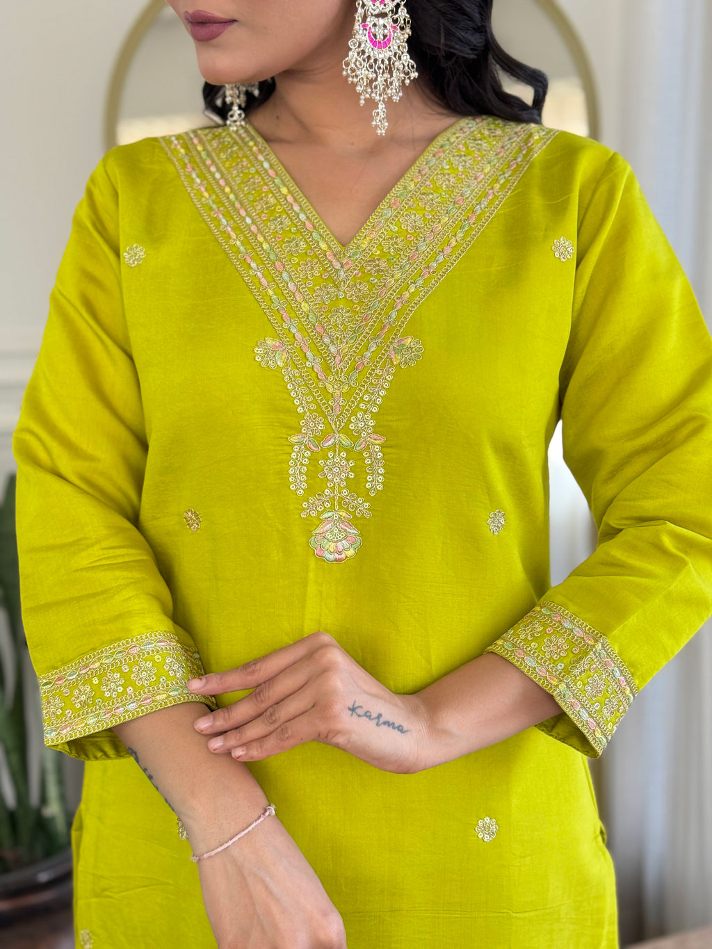 Lime Yellow Viscose Chanderi Embroidered Kurti Set with Pant & Dupatta for Women
