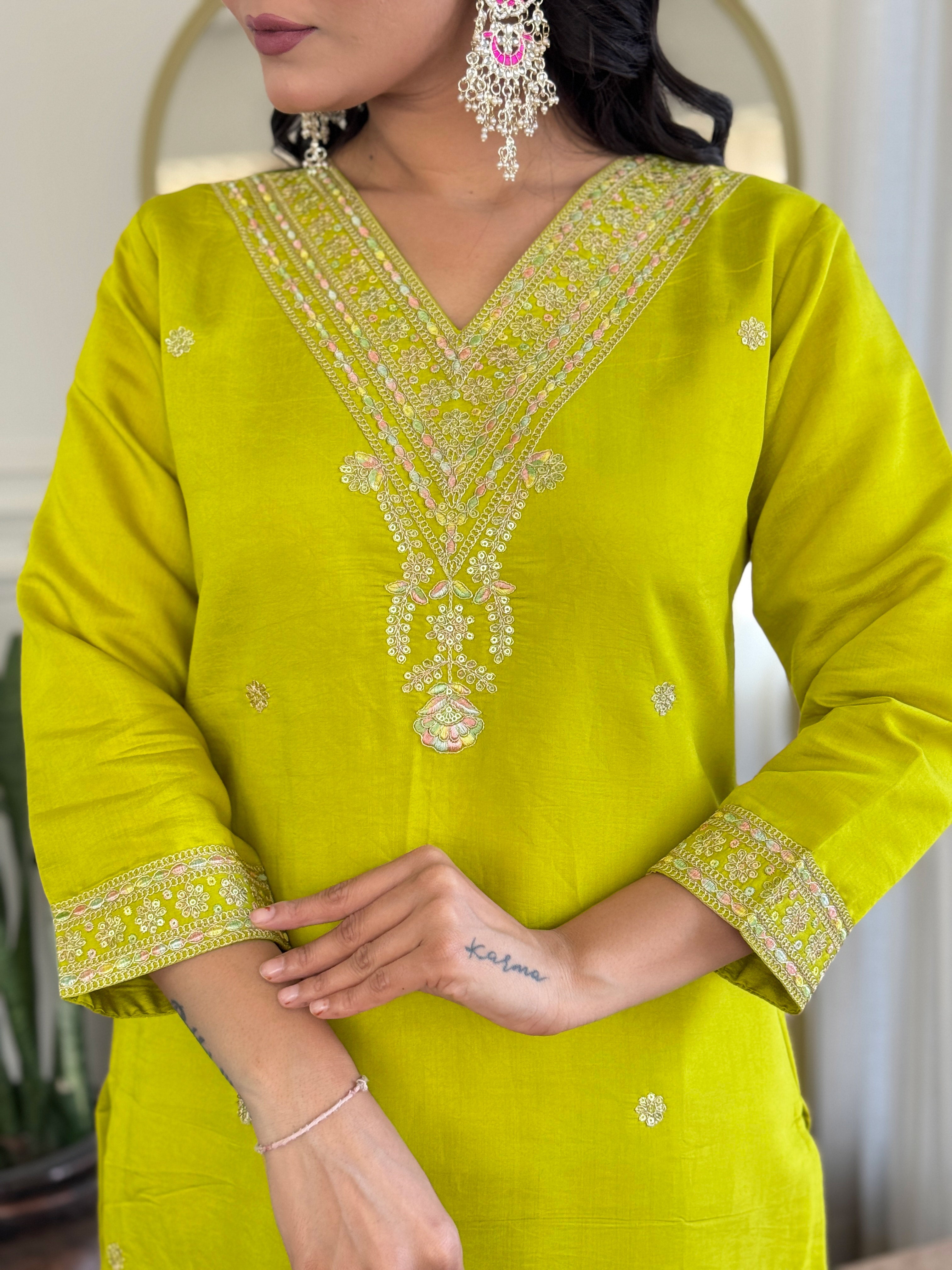 Lime Yellow Viscose Chanderi Embroidered Kurti Set with Pant & Dupatta for Women