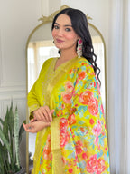 Lime Yellow Viscose Chanderi Embroidered Kurti Set with Pant & Dupatta for Women