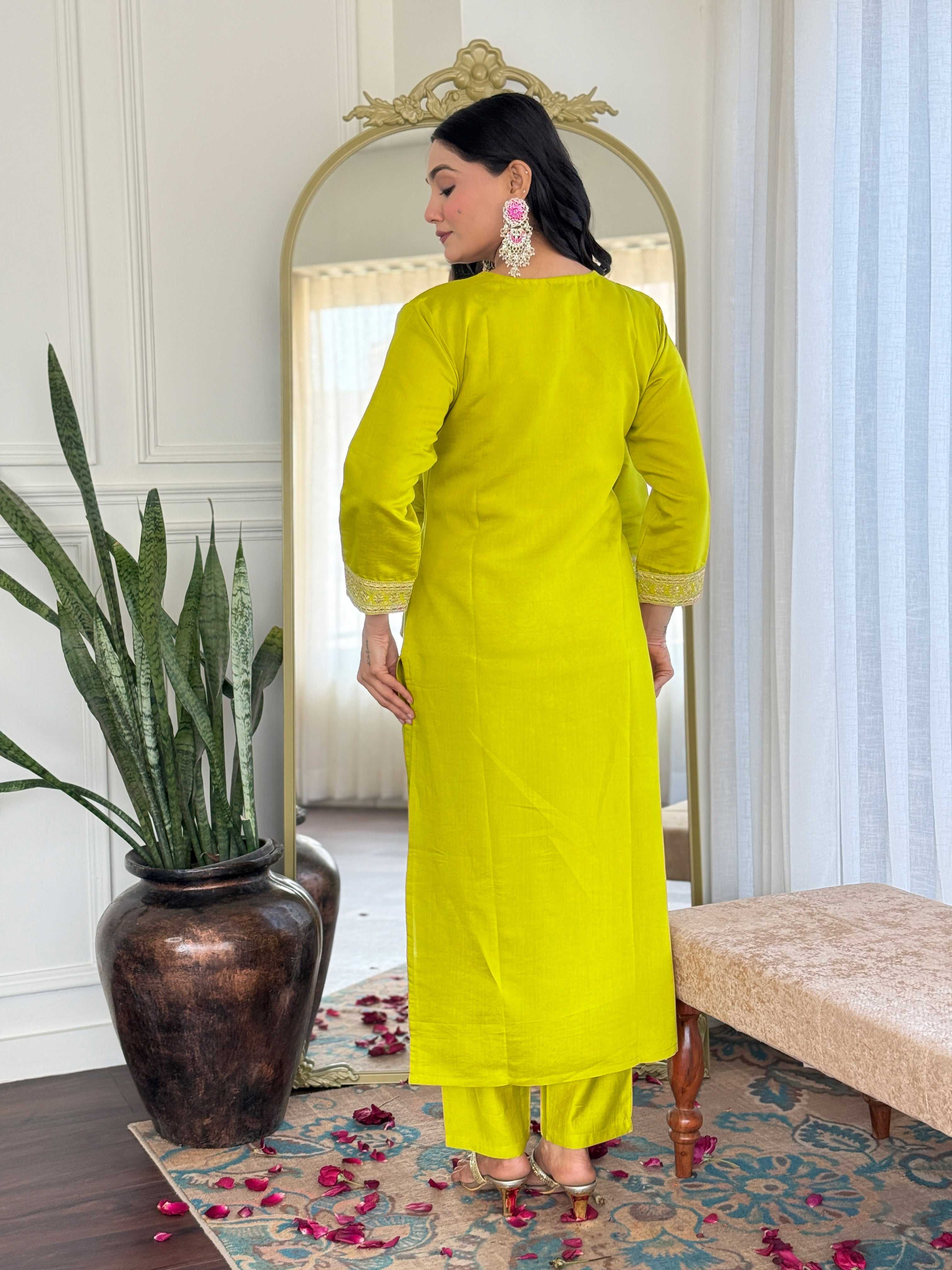 Lime Yellow Viscose Chanderi Embroidered Kurti Set with Pant & Dupatta for Women