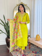 Lime Yellow Viscose Chanderi Embroidered Kurti Set with Pant & Dupatta for Women