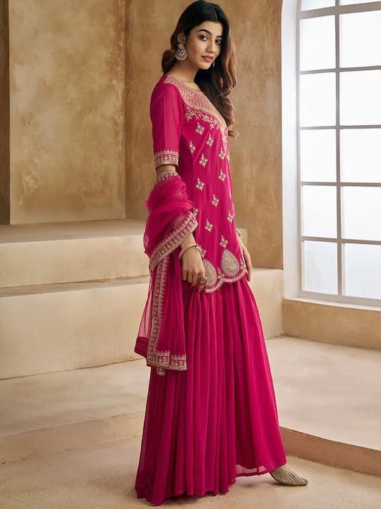 Pink Georgette Embroidered Kurti Set with Sharara & Dupatta for Women
