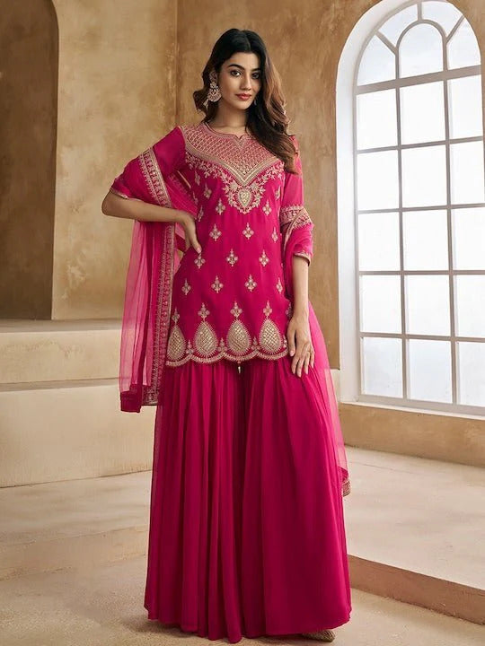 Pink Georgette Embroidered Kurti Set with Sharara & Dupatta for Women