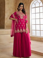 Pink Georgette Embroidered Kurti Set with Sharara & Dupatta for Women