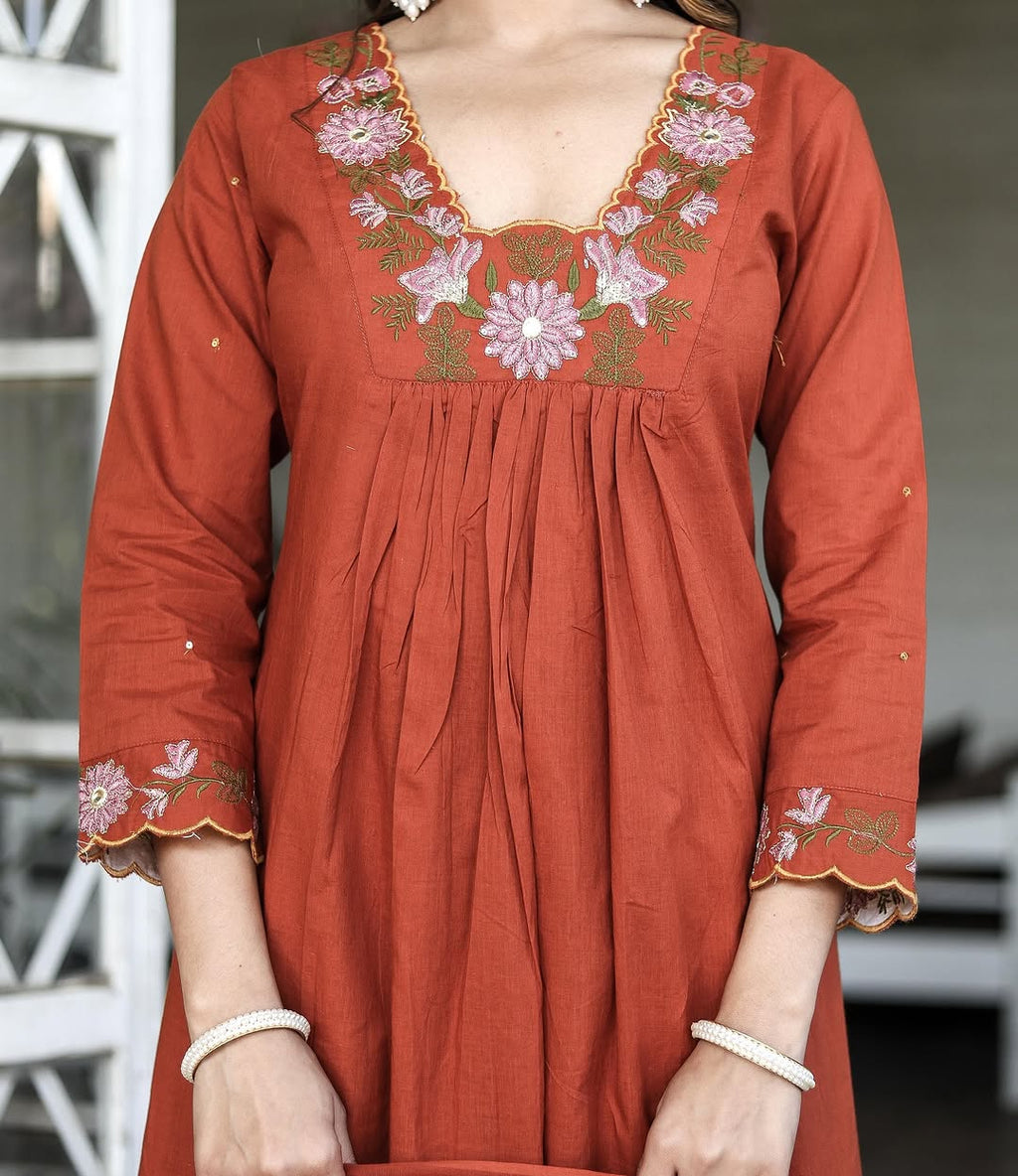 Rust Orange Rayon Slub Embroidered Kurti Set with Pant & Dupatta for Women