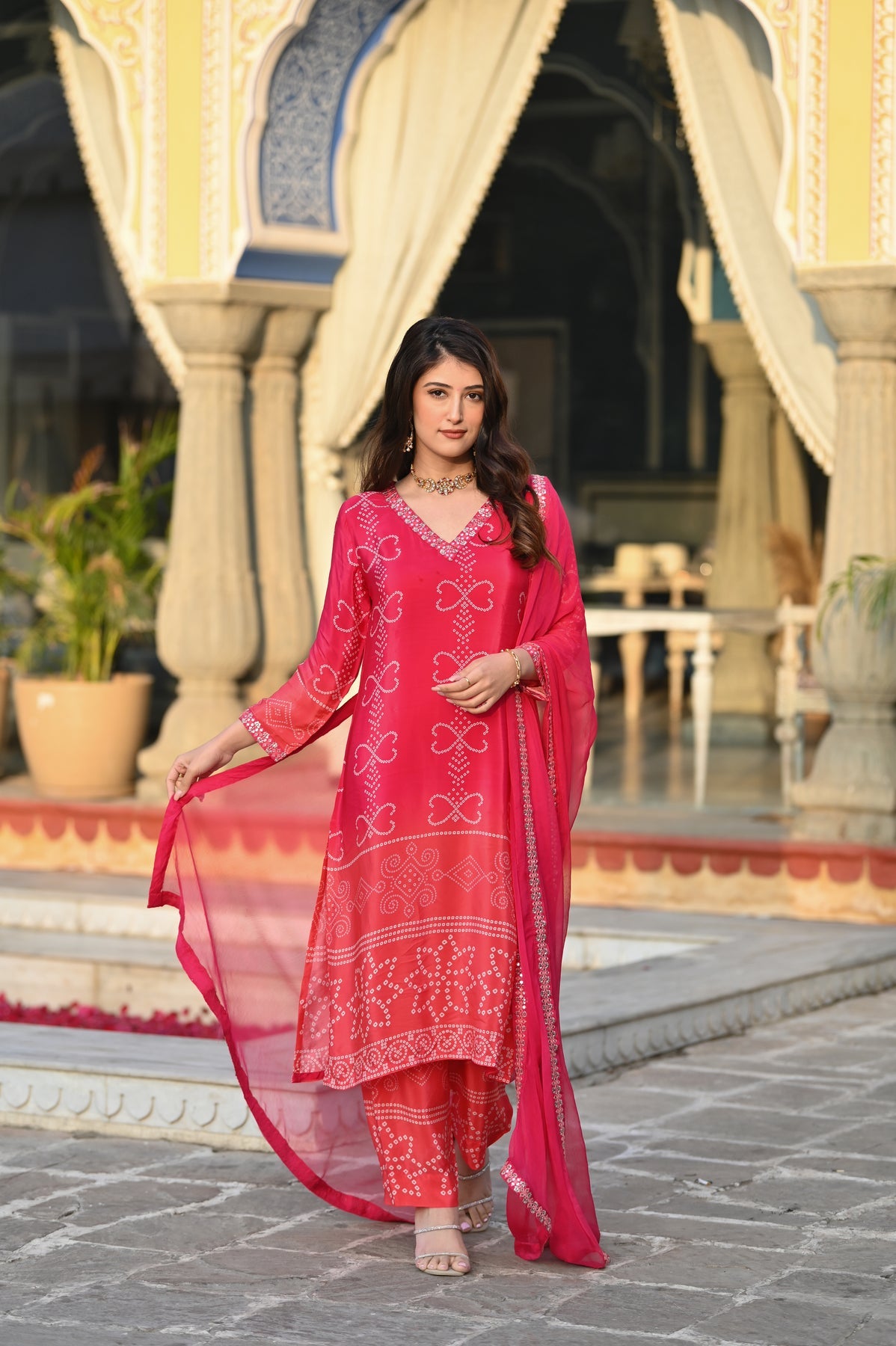Red Chinon Silk Embroidered Kurti Set with Pant & Dupatta for Women