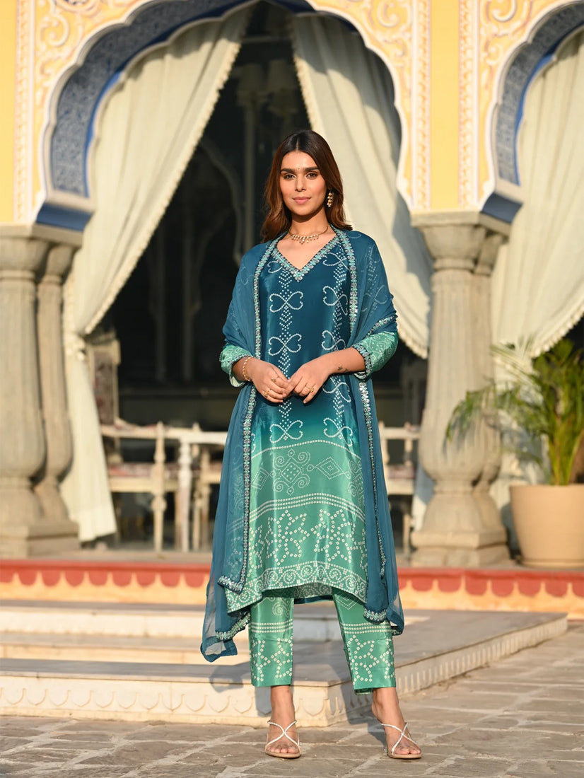 Teal Green Chinon Silk Embroidered Kurti Set with Pant & Dupatta for Women