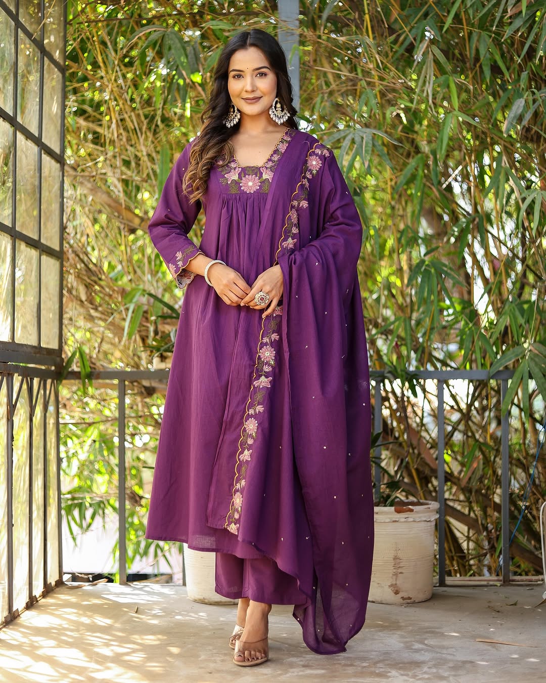 Purple Rayon Slub Embroidered Kurti Set with Pant & Dupatta for Women