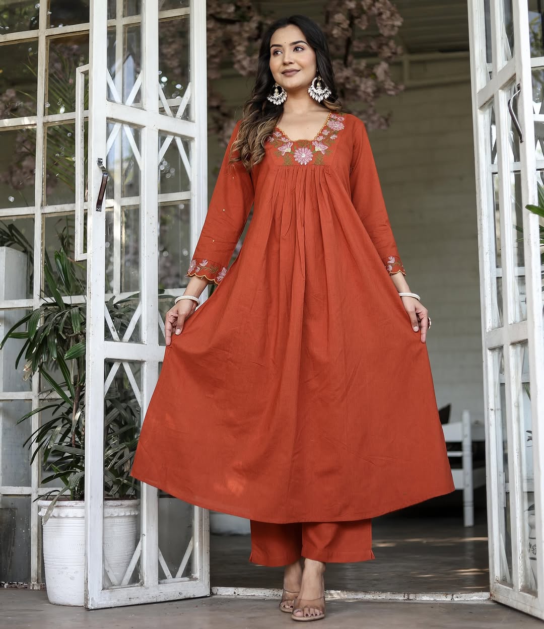 Rust Orange Rayon Slub Embroidered Kurti Set with Pant & Dupatta for Women