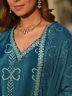 Teal Green Chinon Silk Embroidered Kurti Set with Pant & Dupatta for Women