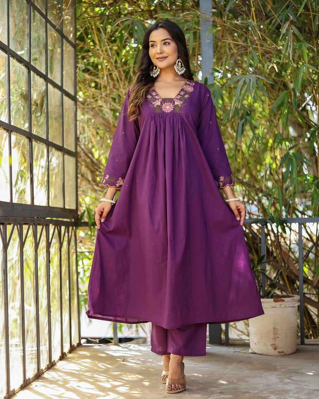 Purple Rayon Slub Embroidered Kurti Set with Pant & Dupatta for Women