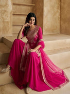 Pink Georgette Embroidered Kurti Set with Sharara & Dupatta for Women