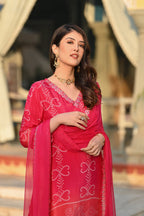 Red Chinon Silk Embroidered Kurti Set with Pant & Dupatta for Women