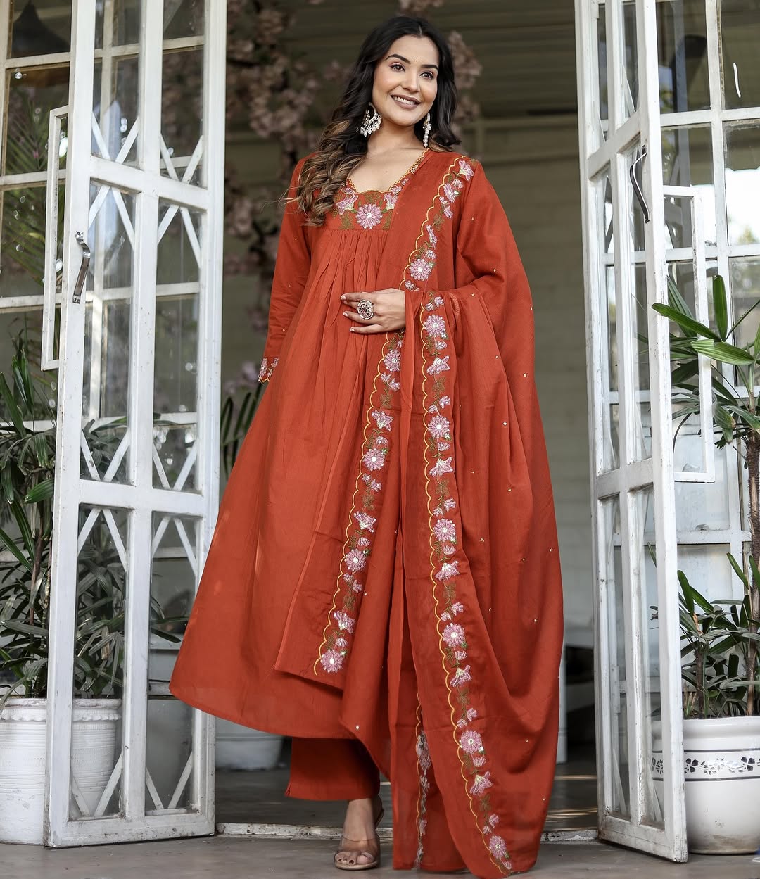 Rust Orange Rayon Slub Embroidered Kurti Set with Pant & Dupatta for Women