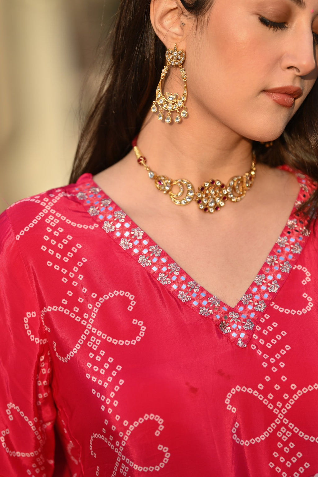 Red Chinon Silk Embroidered Kurti Set with Pant & Dupatta for Women