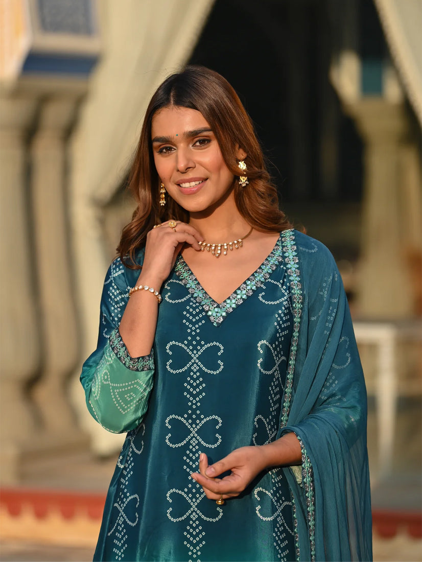 Teal Green Chinon Silk Embroidered Kurti Set with Pant & Dupatta for Women