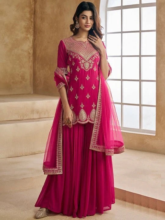 Pink Georgette Embroidered Kurti Set with Sharara & Dupatta for Women
