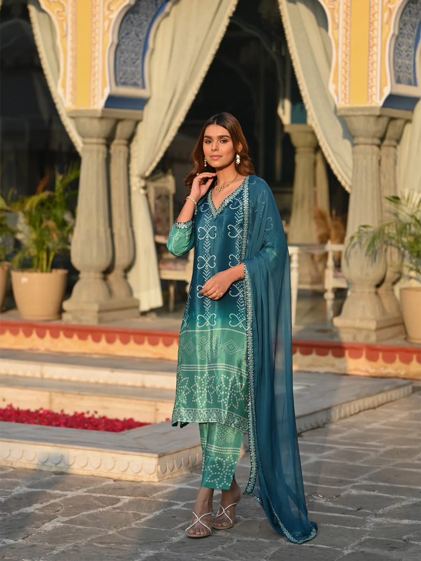Teal Green Chinon Silk Embroidered Kurti Set with Pant & Dupatta for Women