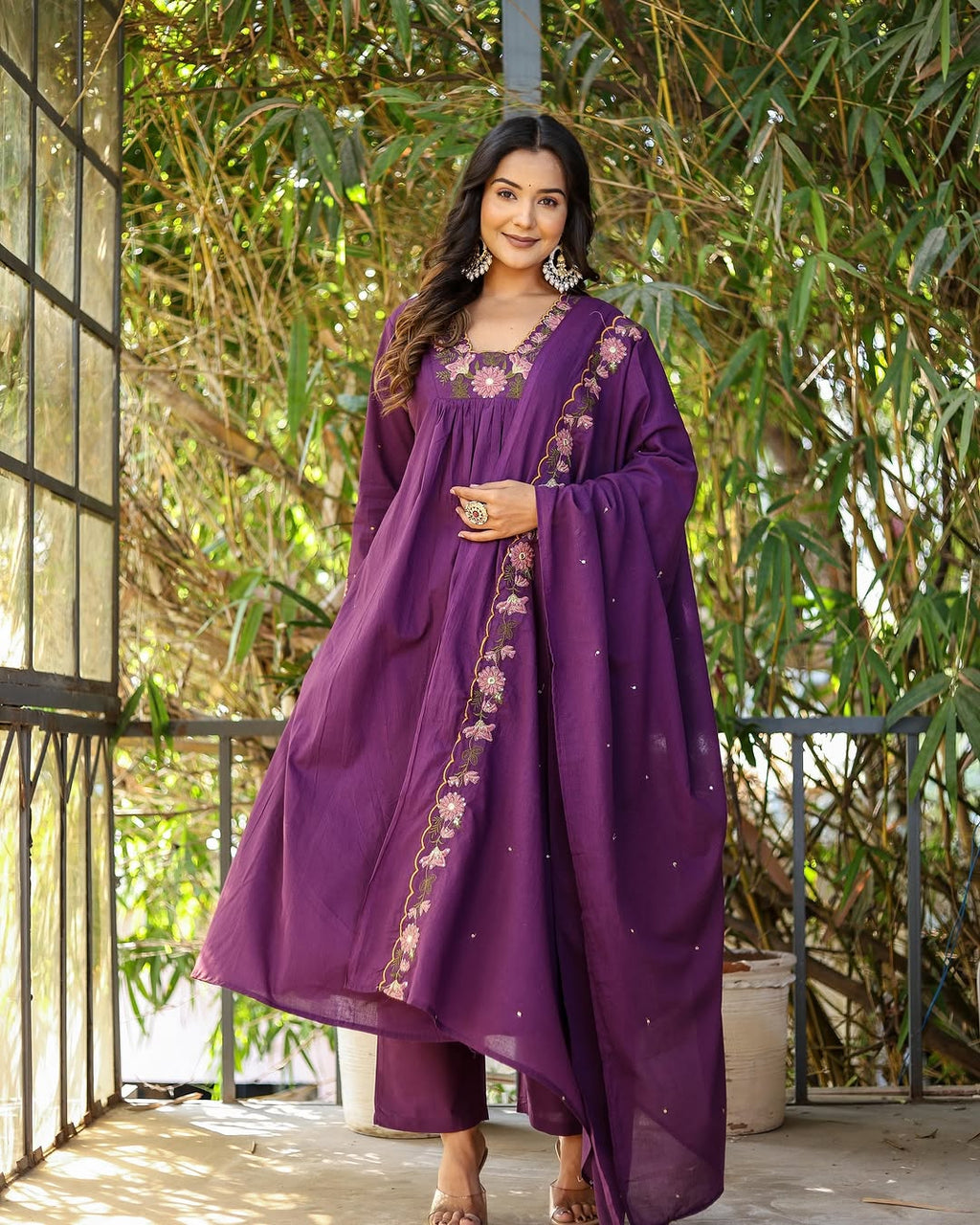 Purple Rayon Slub Embroidered Kurti Set with Pant & Dupatta for Women