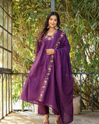 Purple Rayon Slub Embroidered Kurti Set with Pant & Dupatta for Women