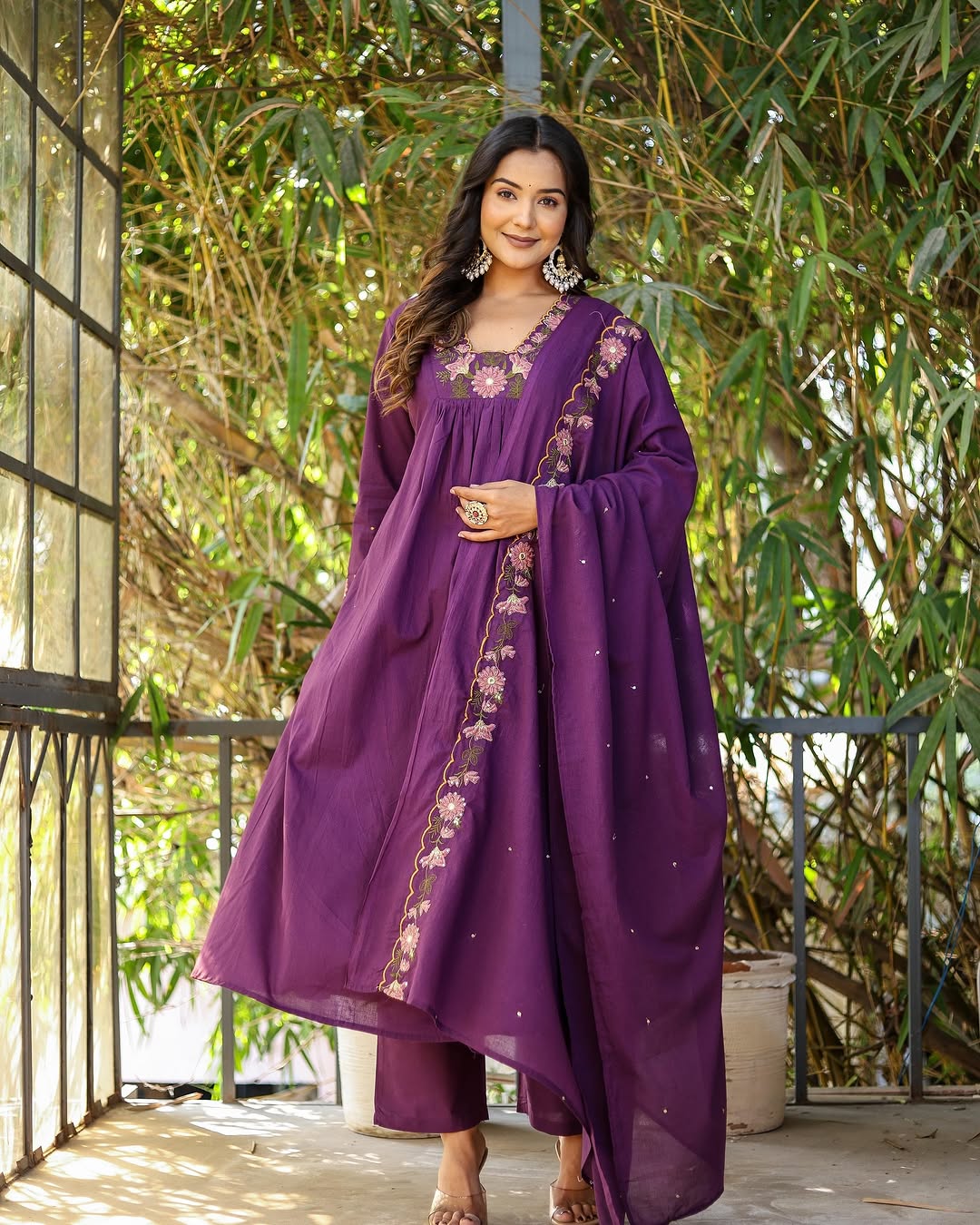 Purple Rayon Slub Embroidered Kurti Set with Pant & Dupatta for Women