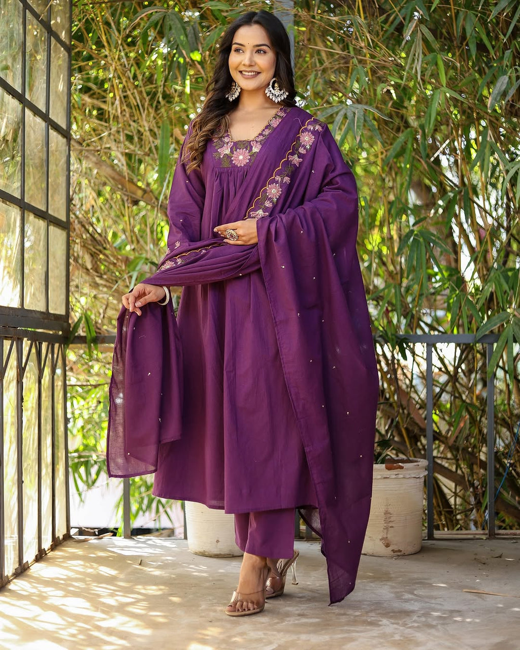 Purple Rayon Slub Embroidered Kurti Set with Pant & Dupatta for Women