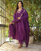 Purple Rayon Slub Embroidered Kurti Set with Pant & Dupatta for Women