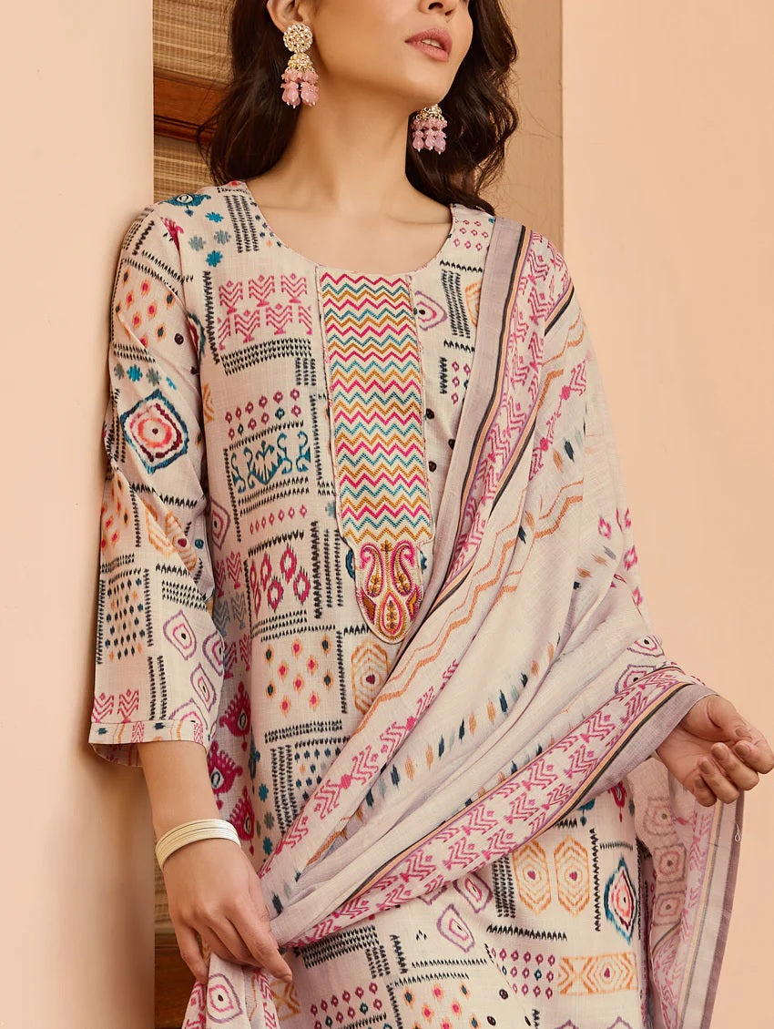 Beige Cotton Printed Kurti Set with Pant & Dupatta for Women