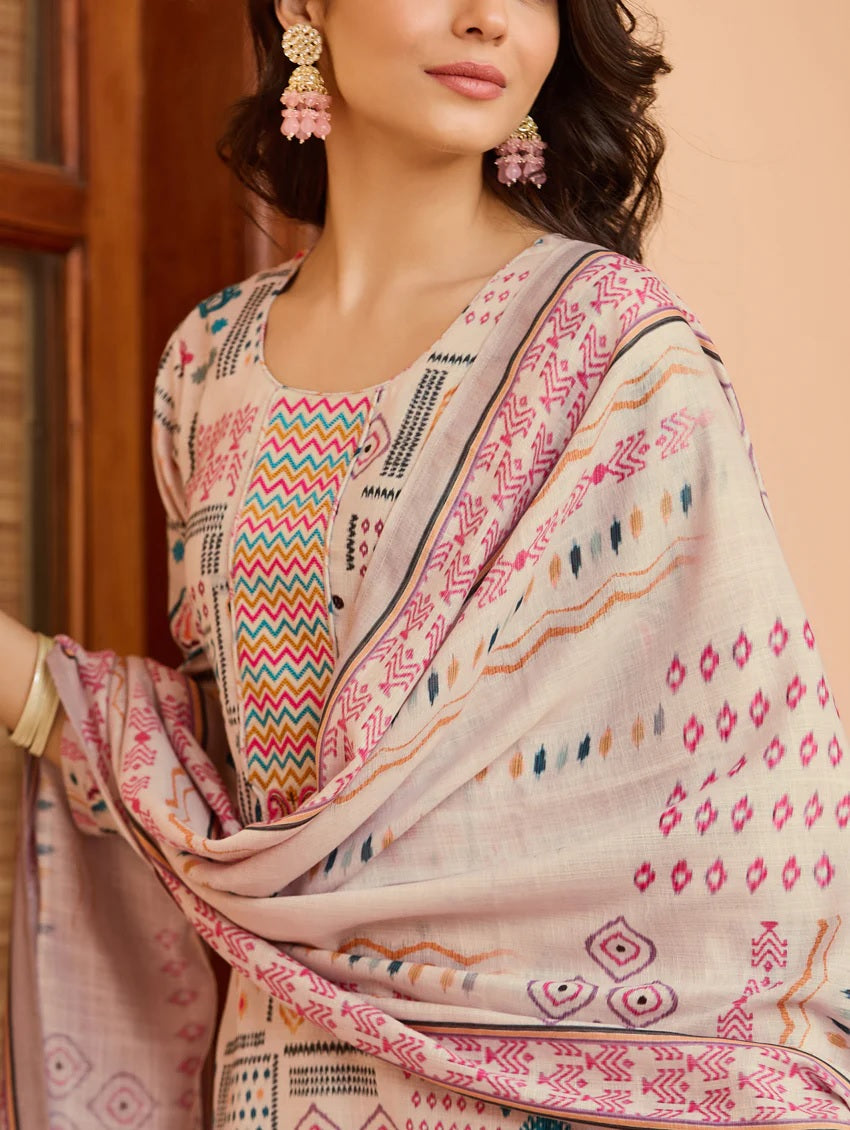 Beige Cotton Printed Kurti Set with Pant & Dupatta for Women