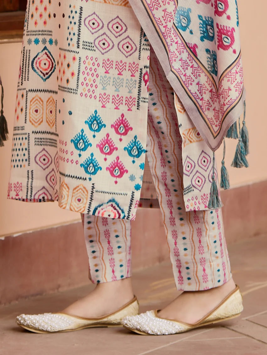 Beige Cotton Printed Kurti Set with Pant & Dupatta for Women