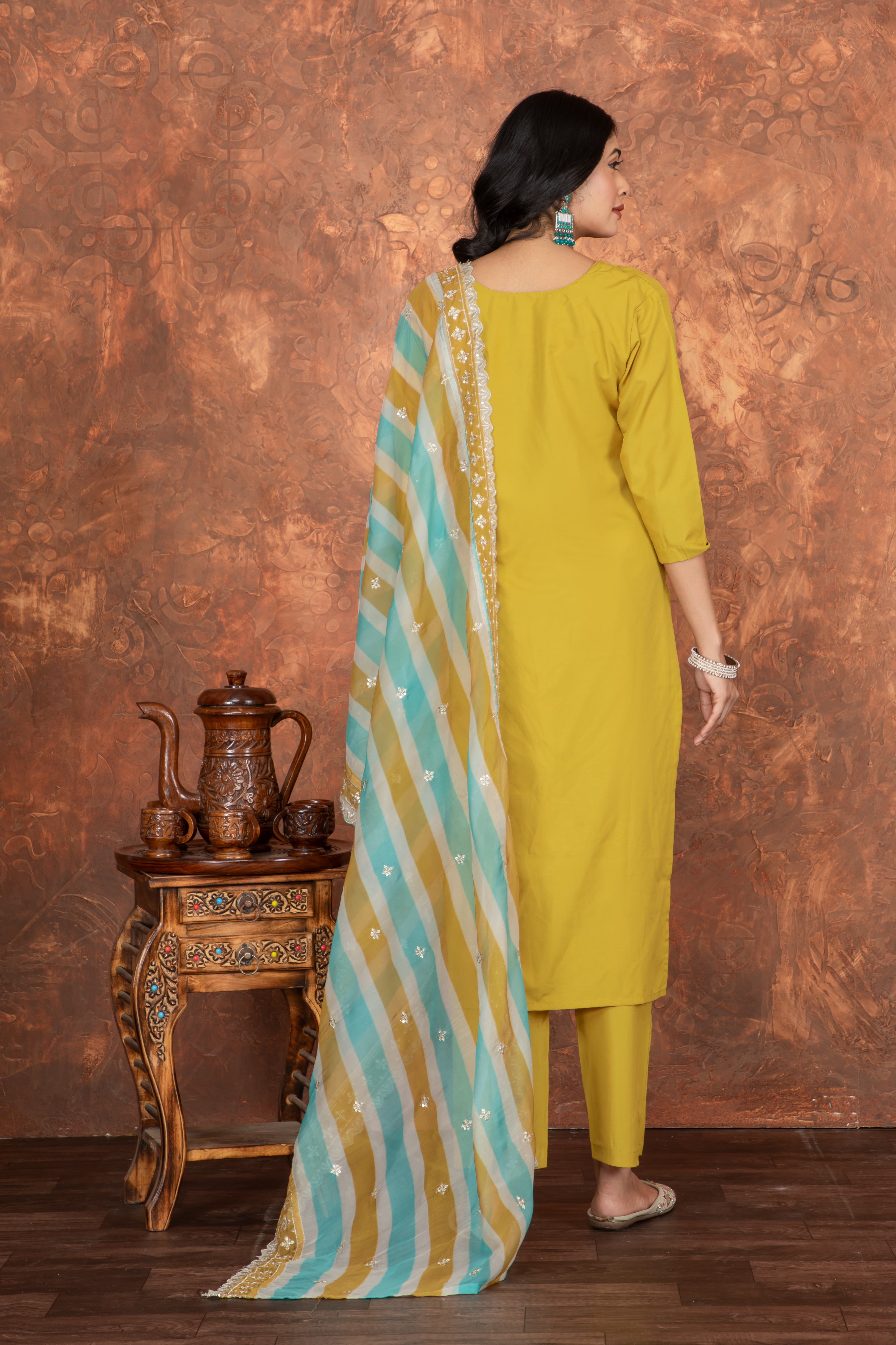 Mustard Yellow Roman Silk Embroidered Kurti Set with Pant & Dupatta for Women