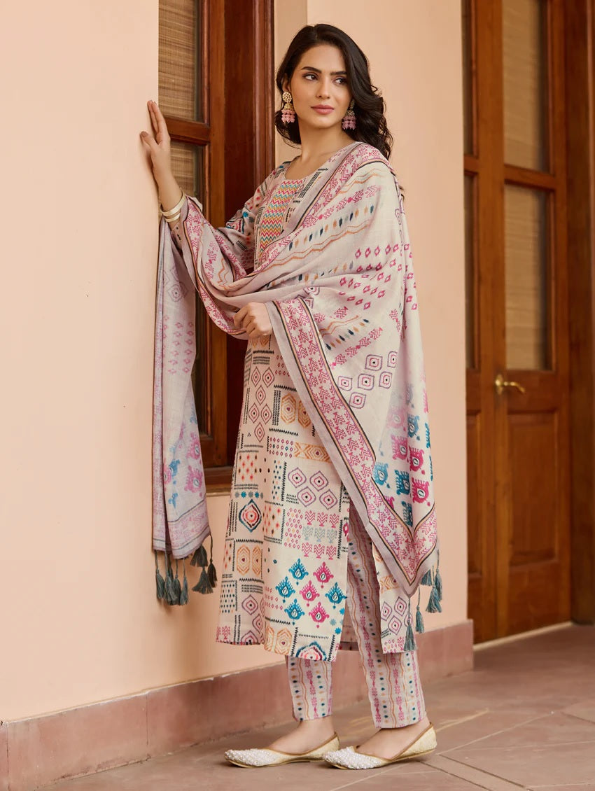 Beige Cotton Printed Kurti Set with Pant & Dupatta for Women