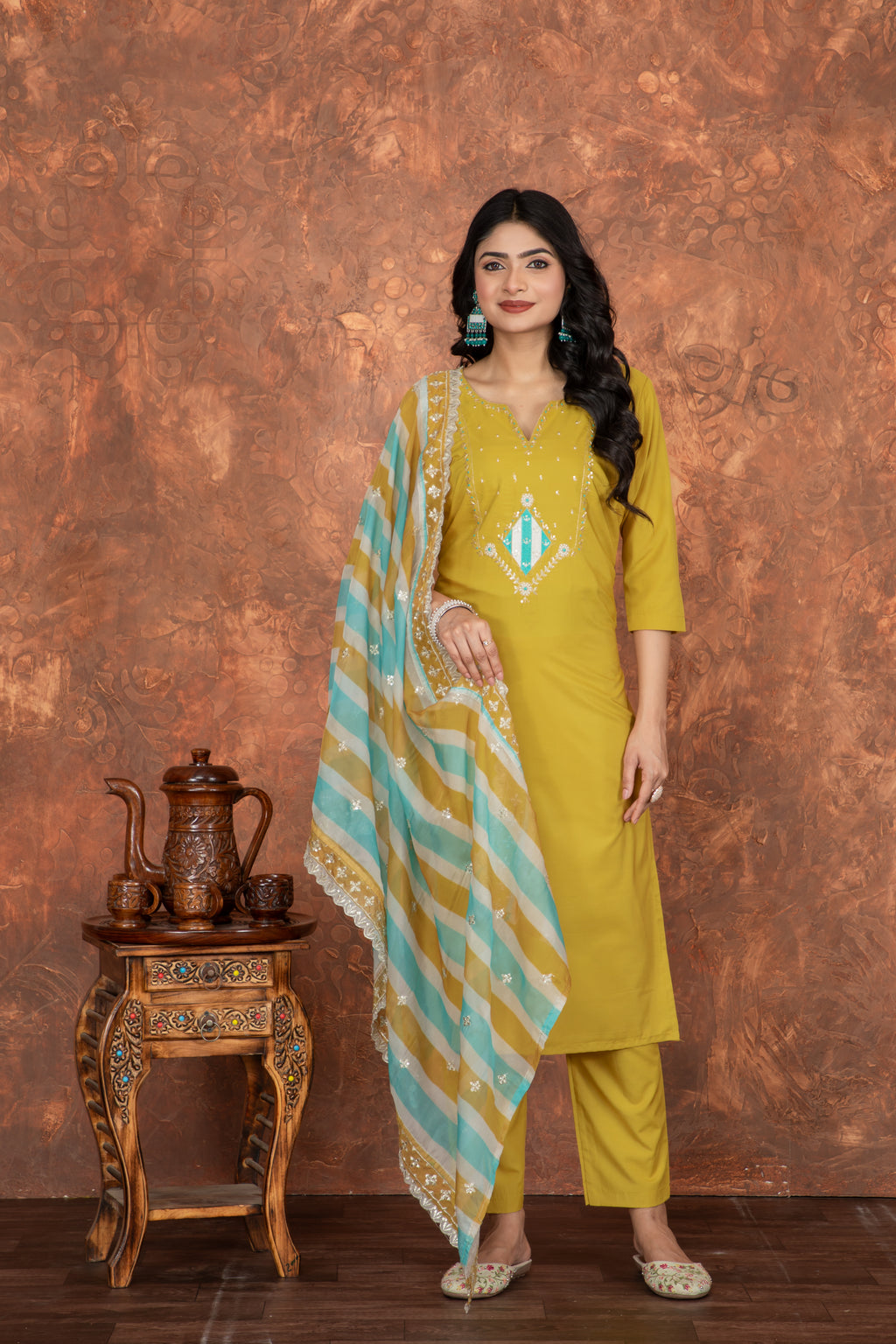 Mustard Yellow Roman Silk Embroidered Kurti Set with Pant & Dupatta for Women