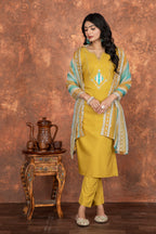 Mustard Yellow Roman Silk Embroidered Kurti Set with Pant & Dupatta for Women