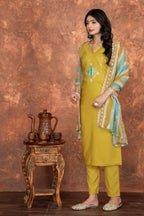 Mustard Yellow Roman Silk Embroidered Kurti Set with Pant & Dupatta for Women