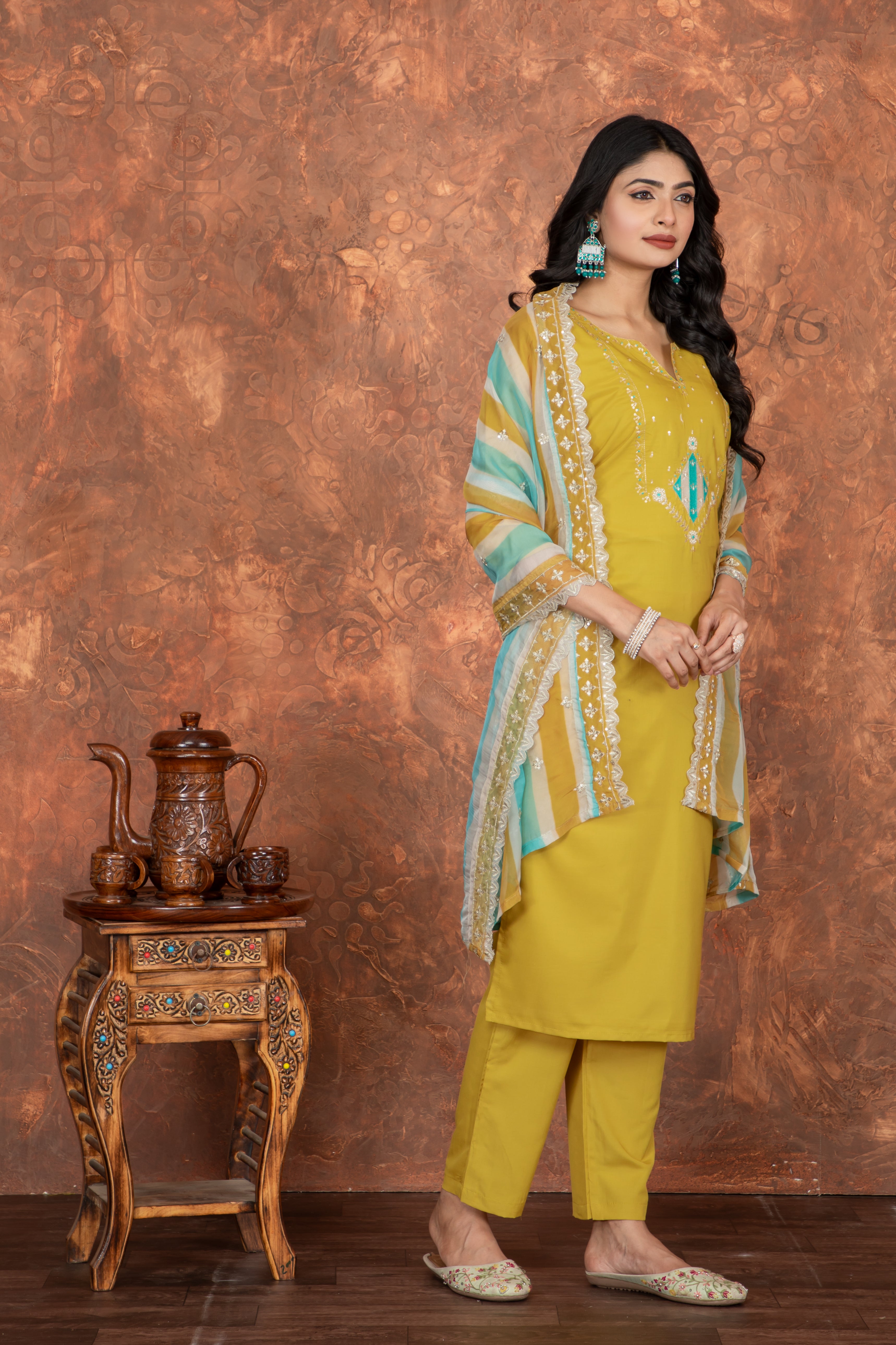 Mustard Yellow Roman Silk Embroidered Kurti Set with Pant & Dupatta for Women
