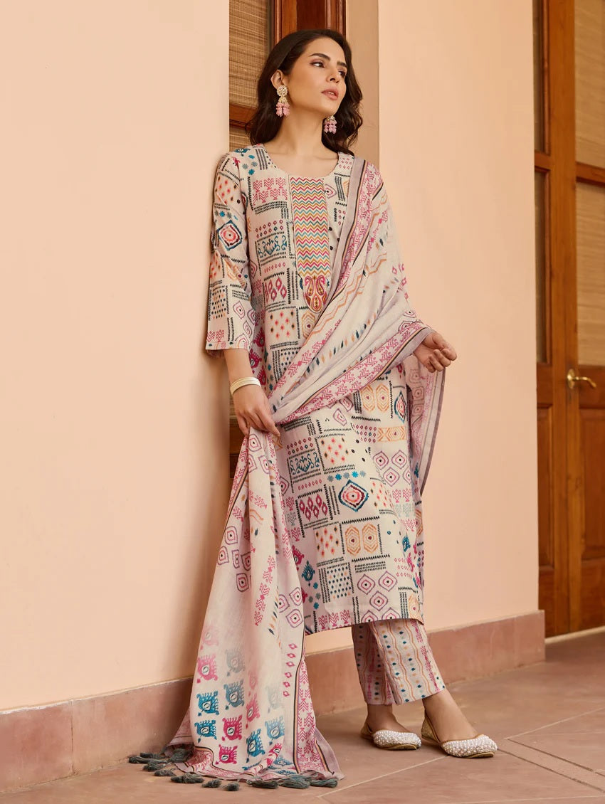 Beige Cotton Printed Kurti Set with Pant & Dupatta for Women