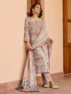 Beige Cotton Printed Kurti Set with Pant & Dupatta for Women