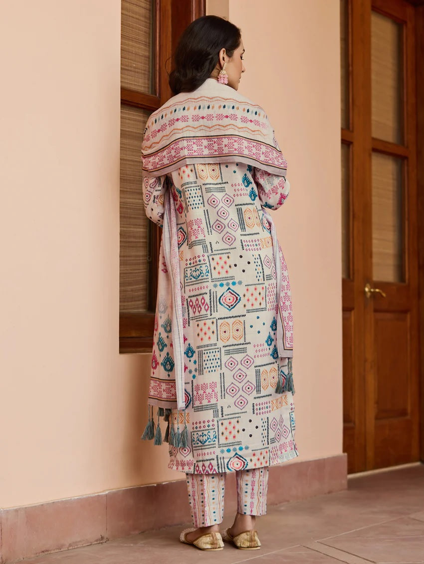 Beige Cotton Printed Kurti Set with Pant & Dupatta for Women