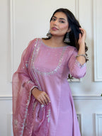 Lavender Silk Blend Embroidered Zari Work Kurti Set with Pant & Dupatta for Women