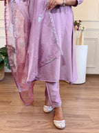 Lavender Silk Blend Embroidered Zari Work Kurti Set with Pant & Dupatta for Women