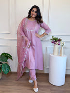 Lavender Silk Blend Embroidered Zari Work Kurti Set with Pant & Dupatta for Women