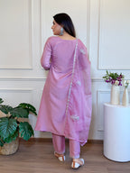 Lavender Silk Blend Embroidered Zari Work Kurti Set with Pant & Dupatta for Women