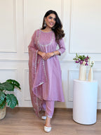Lavender Silk Blend Embroidered Zari Work Kurti Set with Pant & Dupatta for Women