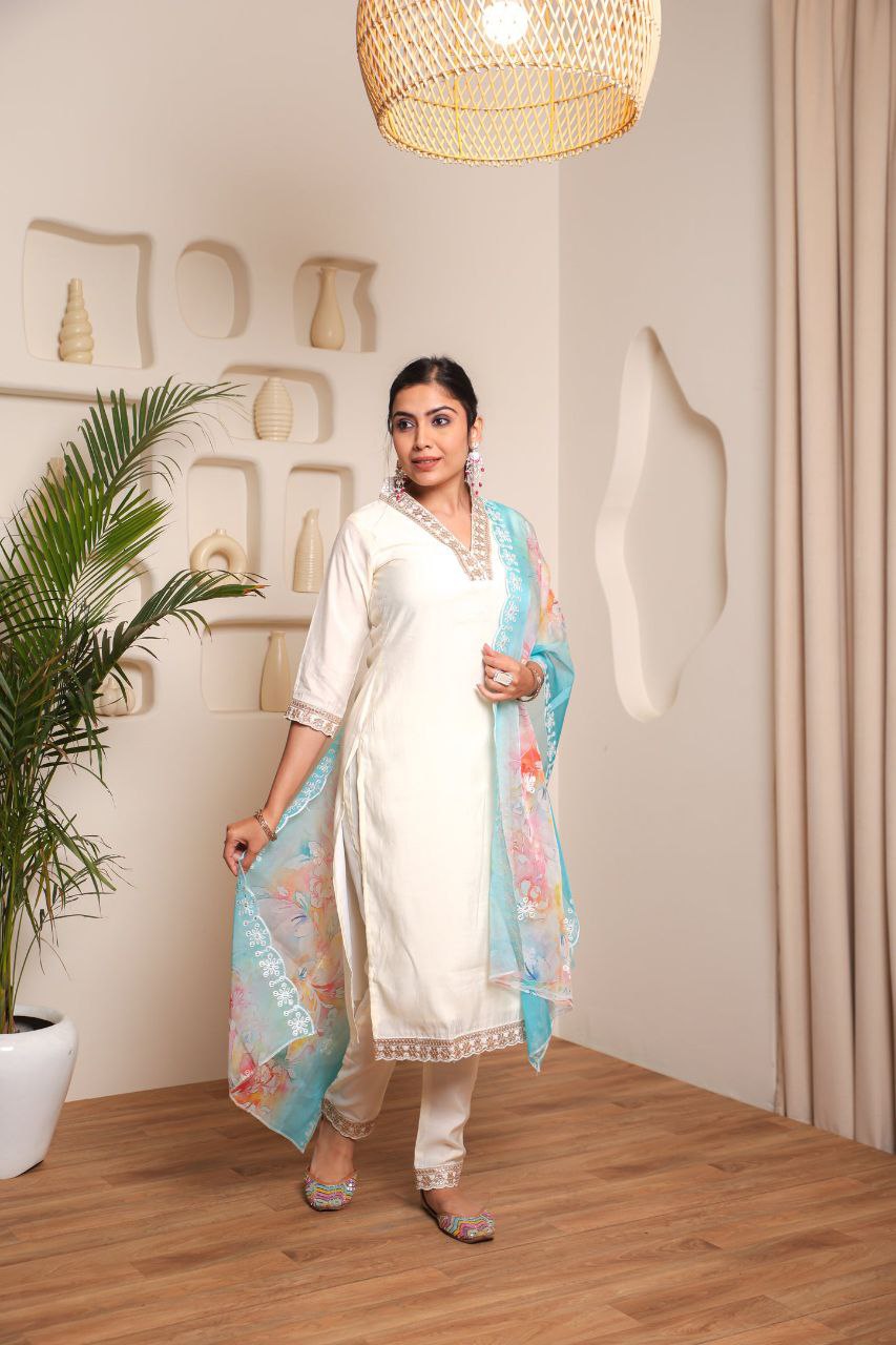 White Chanderi Cotton Embroidered Kurti Set with Pant & Dupatta for Women