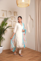 White Chanderi Cotton Embroidered Kurti Set with Pant & Dupatta for Women