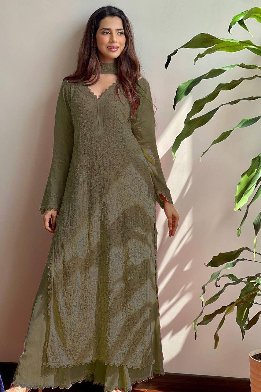 Mehendi Georgette Kurti Set with Pant & Dupatta for Women