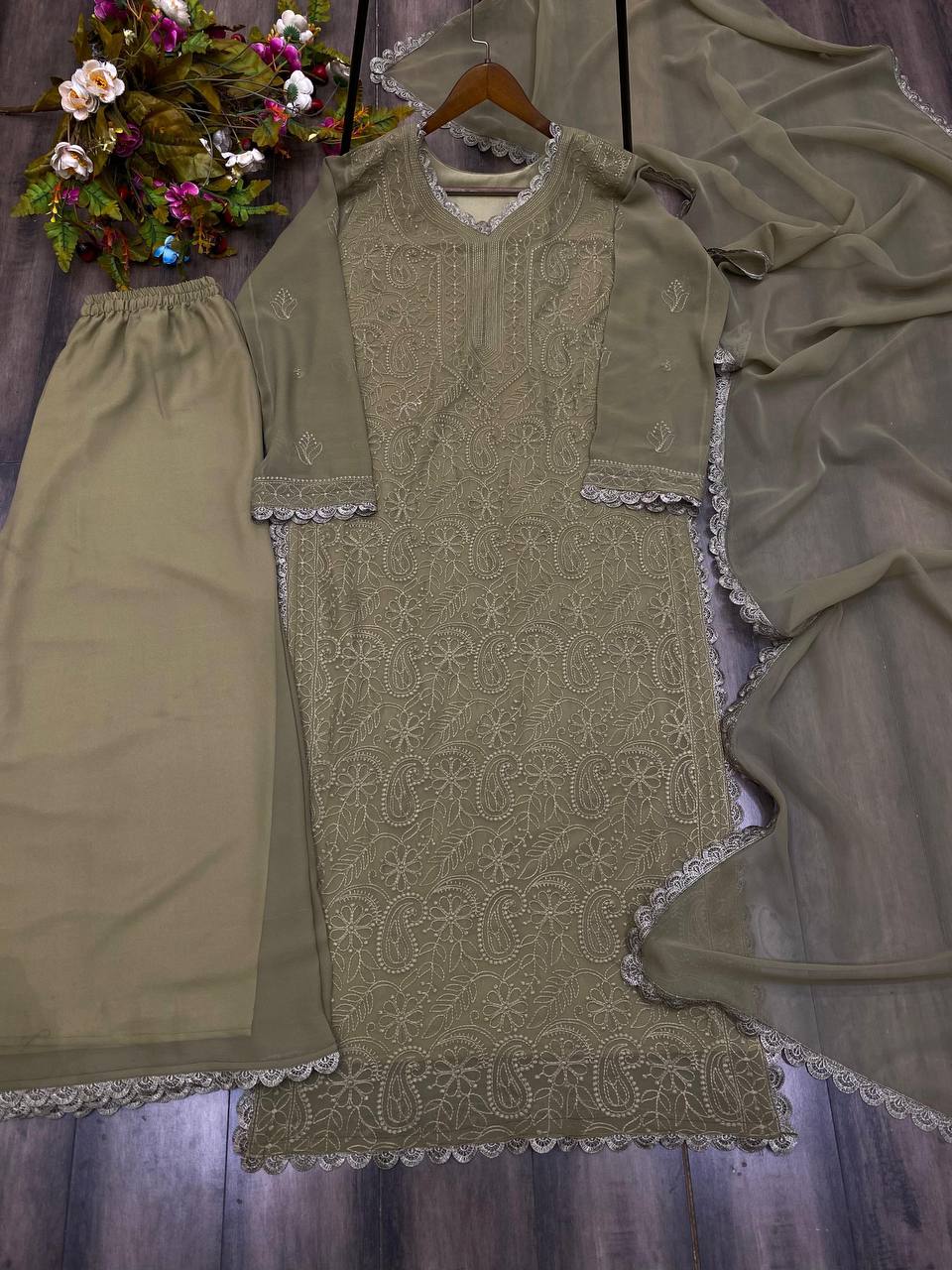 Mehendi Georgette Kurti Set with Pant & Dupatta for Women