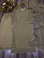 Mehendi Georgette Kurti Set with Pant & Dupatta for Women