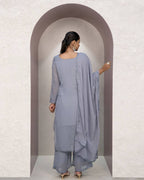 Grey Faux Georgette Embroidered Kurti Set with Dupatta for Women